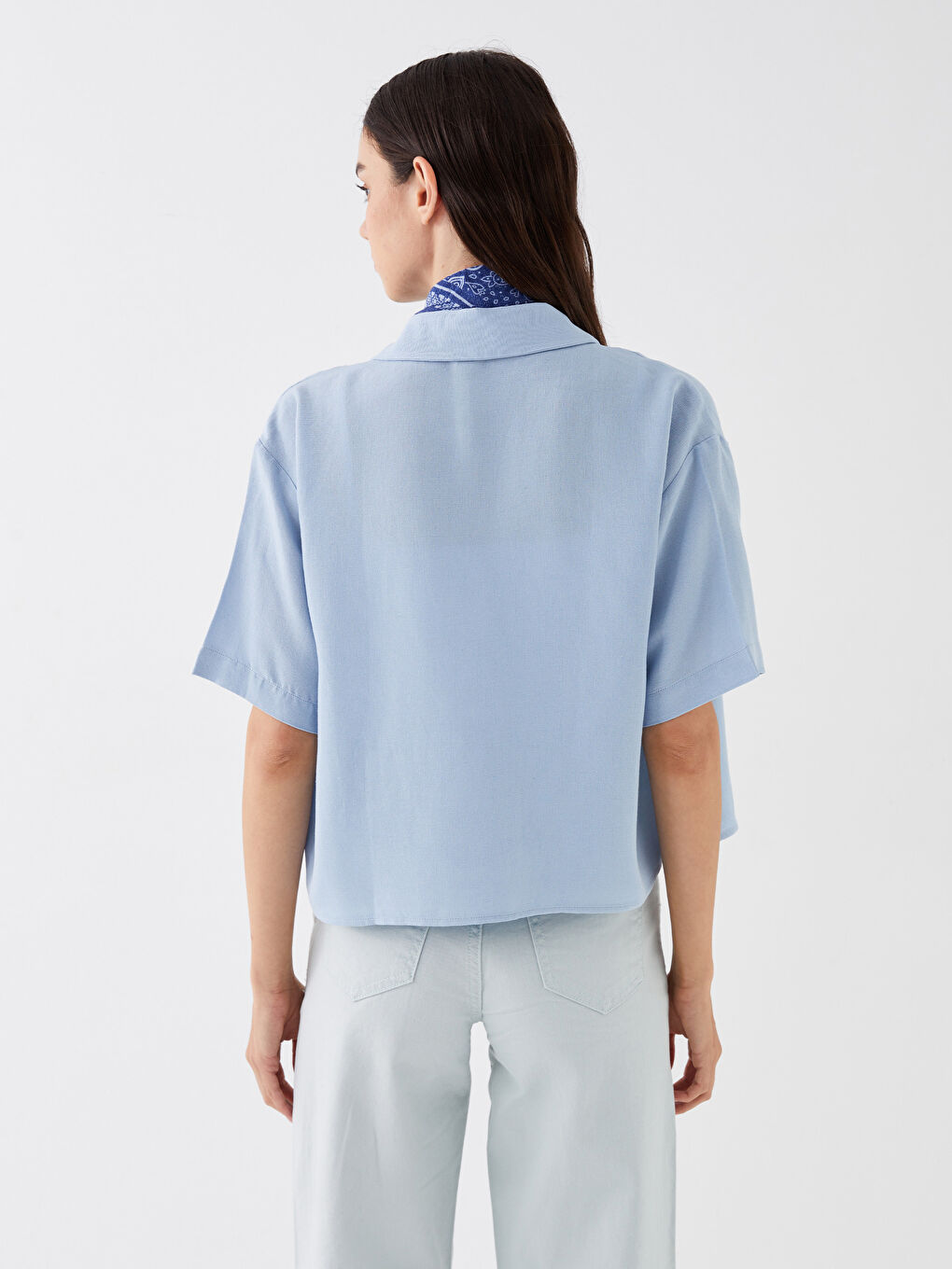 Mavi Düz Kısa Kollu Poplin Kadın Gömlek-4