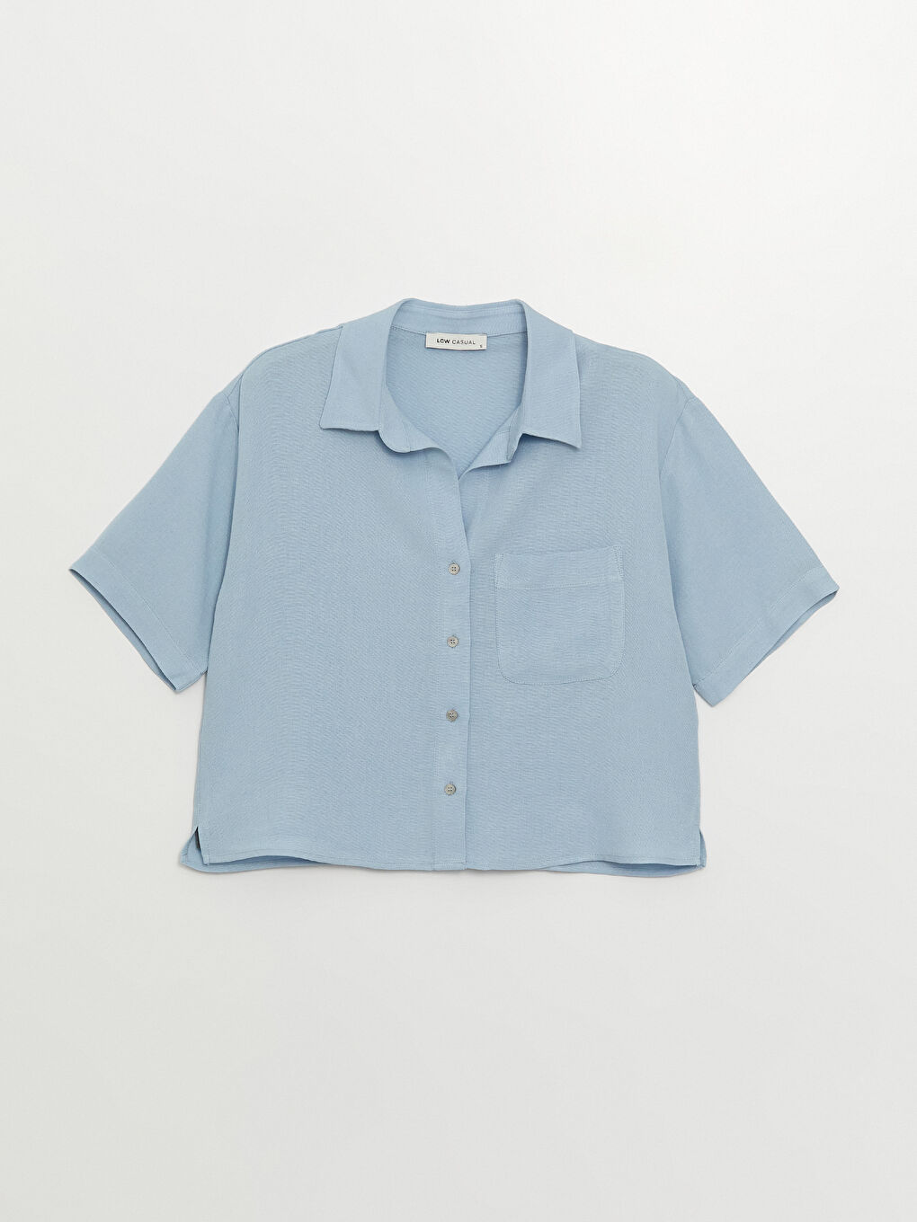 Mavi Düz Kısa Kollu Poplin Kadın Gömlek-5