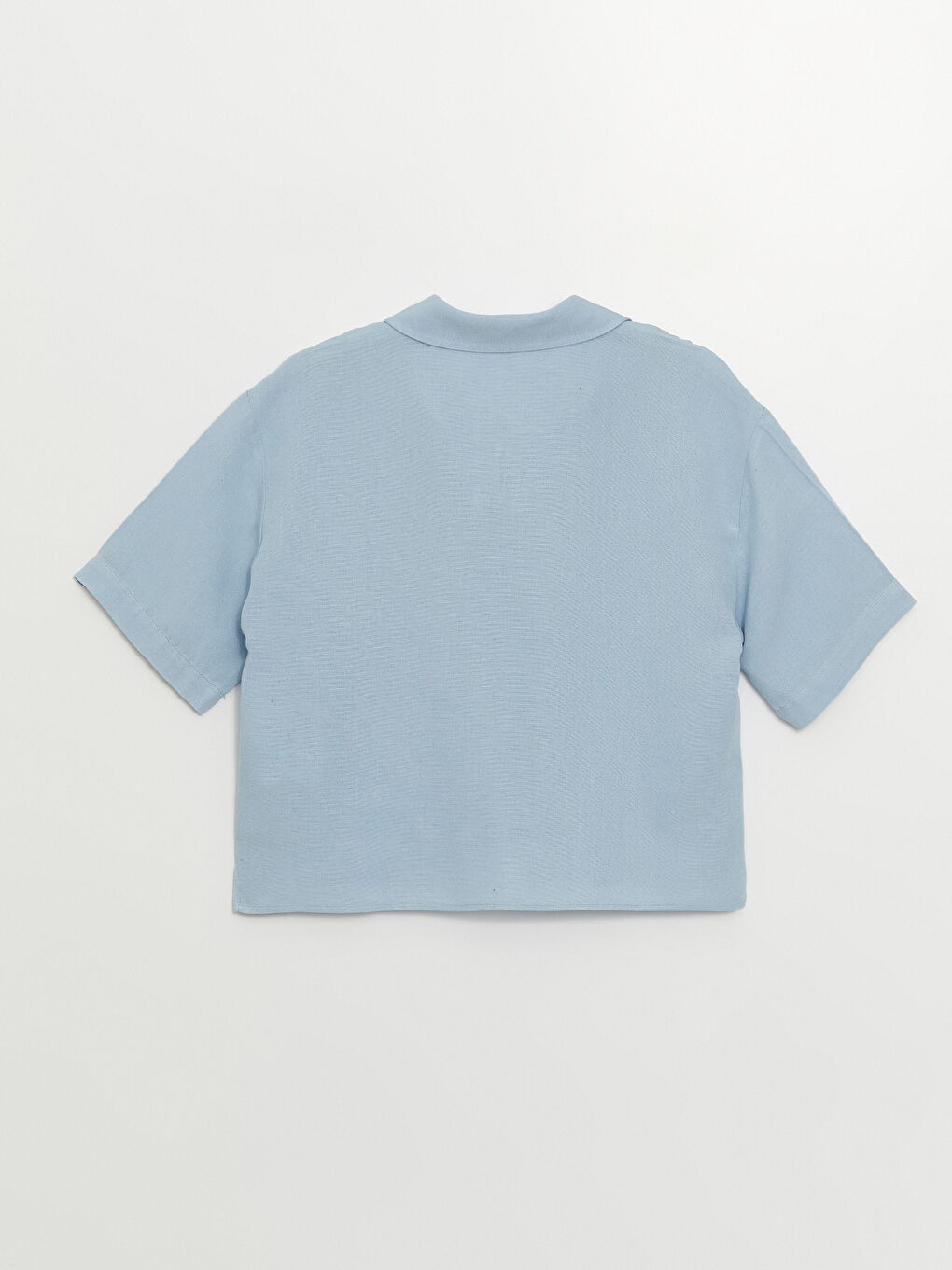 Mavi Düz Kısa Kollu Poplin Kadın Gömlek-6