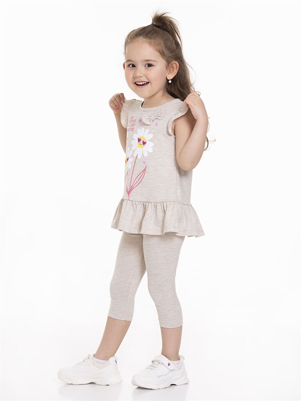 Bej Bisiklet Yaka Kısa Kollu Baskılı Kız Bebek Tişört ve Tayt 2'li-2