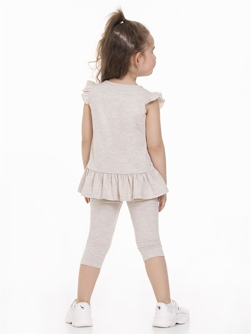 Bej Bisiklet Yaka Kısa Kollu Baskılı Kız Bebek Tişört ve Tayt 2'li-3