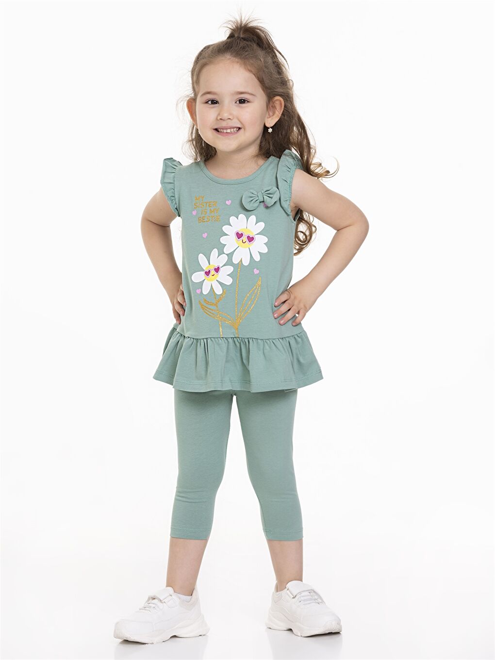 Yeşil Bisiklet Yaka Kısa Kollu Baskılı Kız Bebek Tişört ve Tayt 2'li