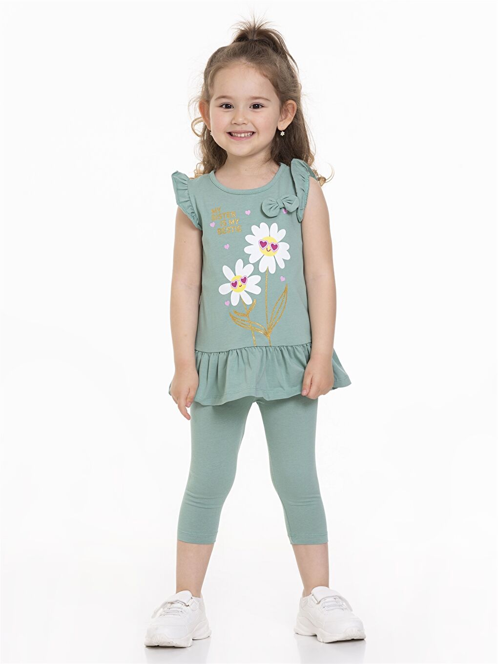 Yeşil Bisiklet Yaka Kısa Kollu Baskılı Kız Bebek Tişört ve Tayt 2'li-1