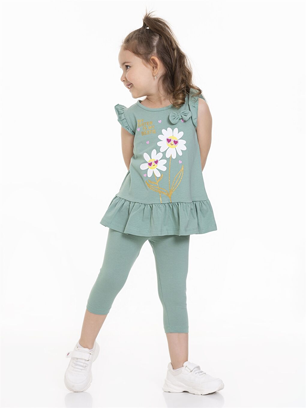 Yeşil Bisiklet Yaka Kısa Kollu Baskılı Kız Bebek Tişört ve Tayt 2'li-2