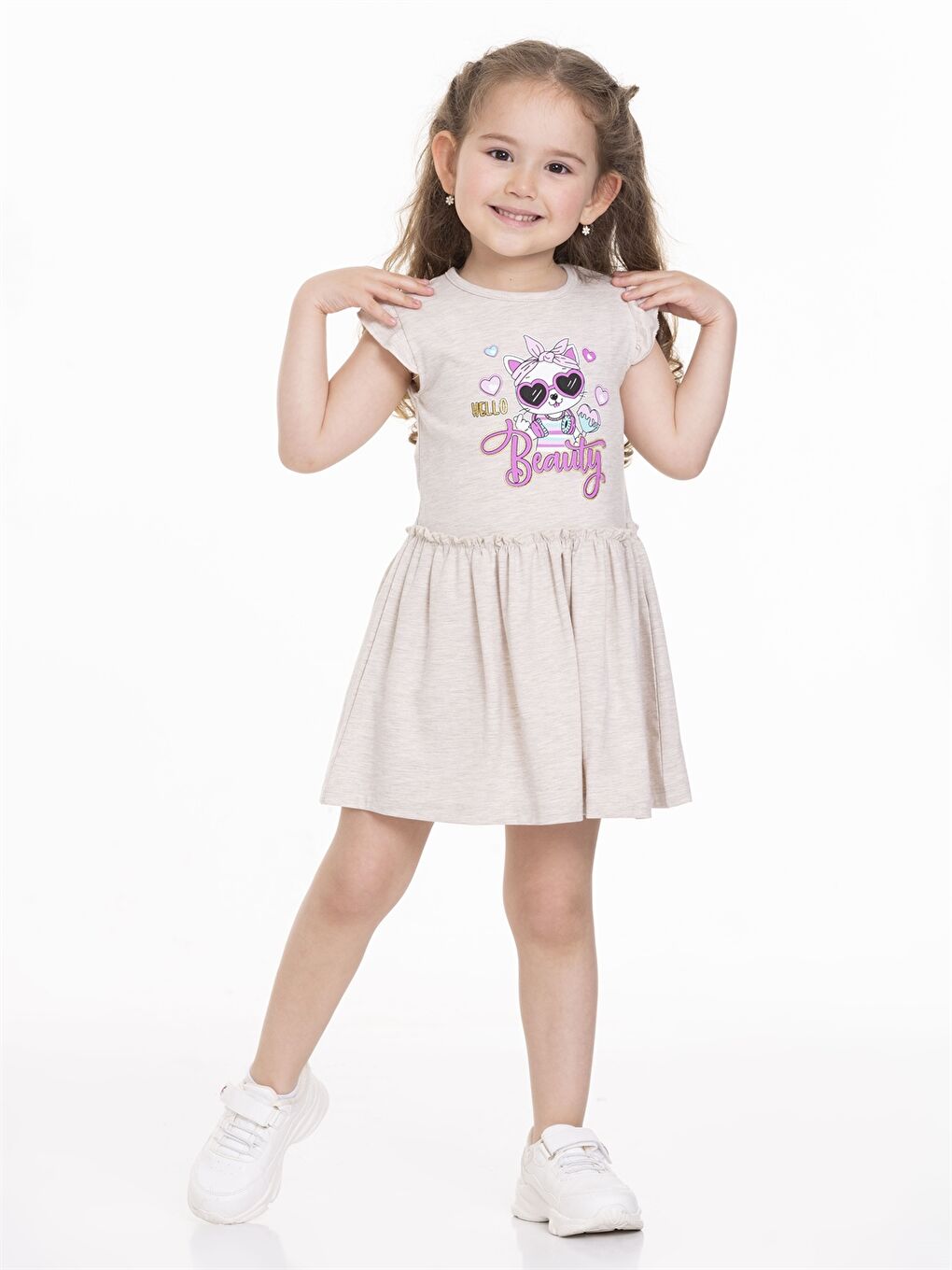 Bej Bisiklet Yaka Kısa Kollu Baskılı Kız Bebek Elbise