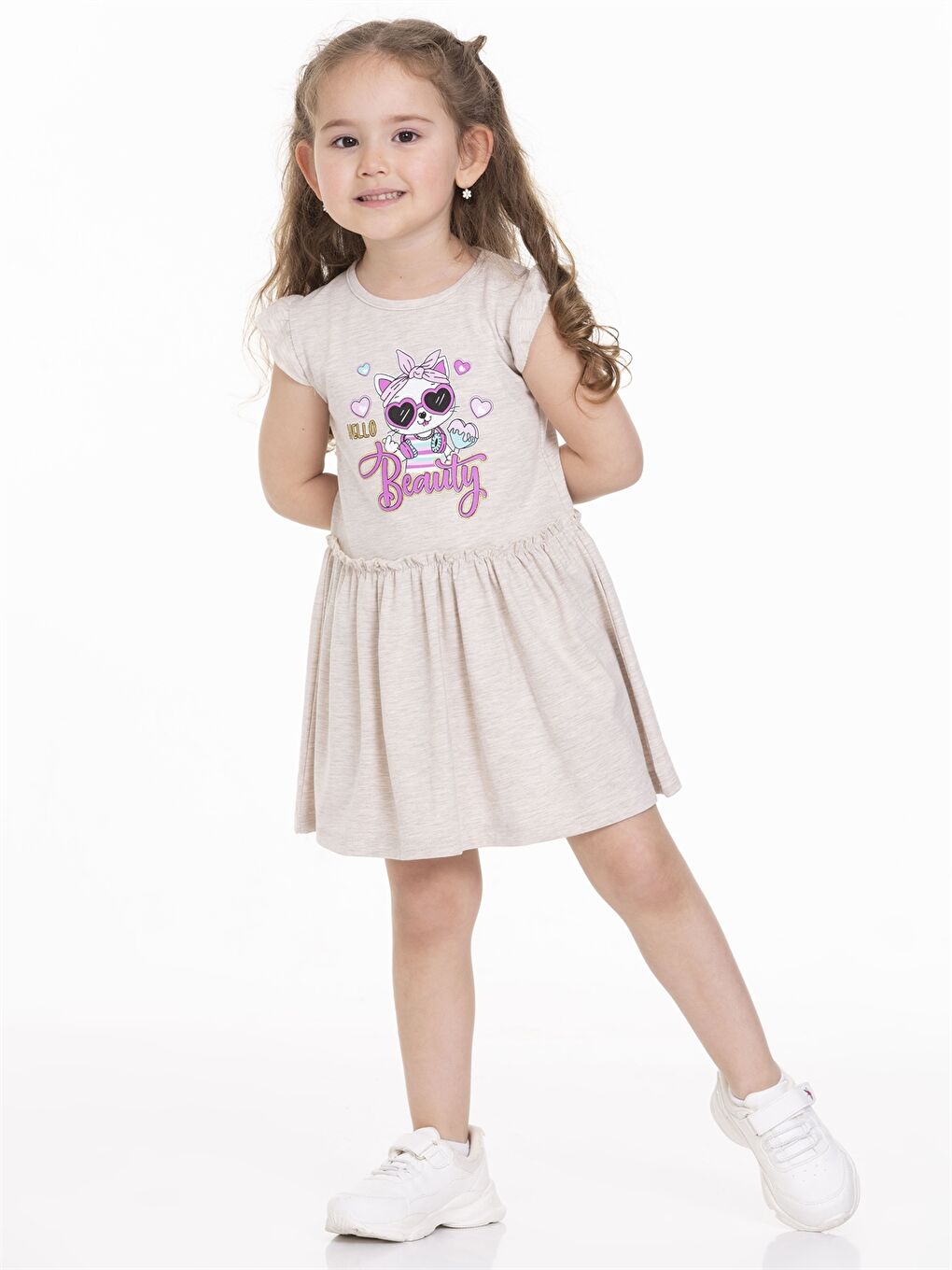 Bej Bisiklet Yaka Kısa Kollu Baskılı Kız Bebek Elbise-1