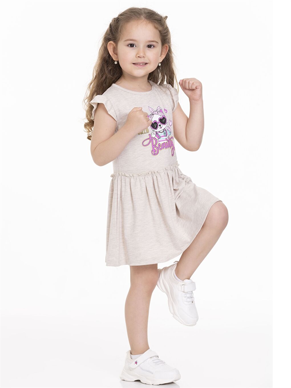 Bej Bisiklet Yaka Kısa Kollu Baskılı Kız Bebek Elbise-2