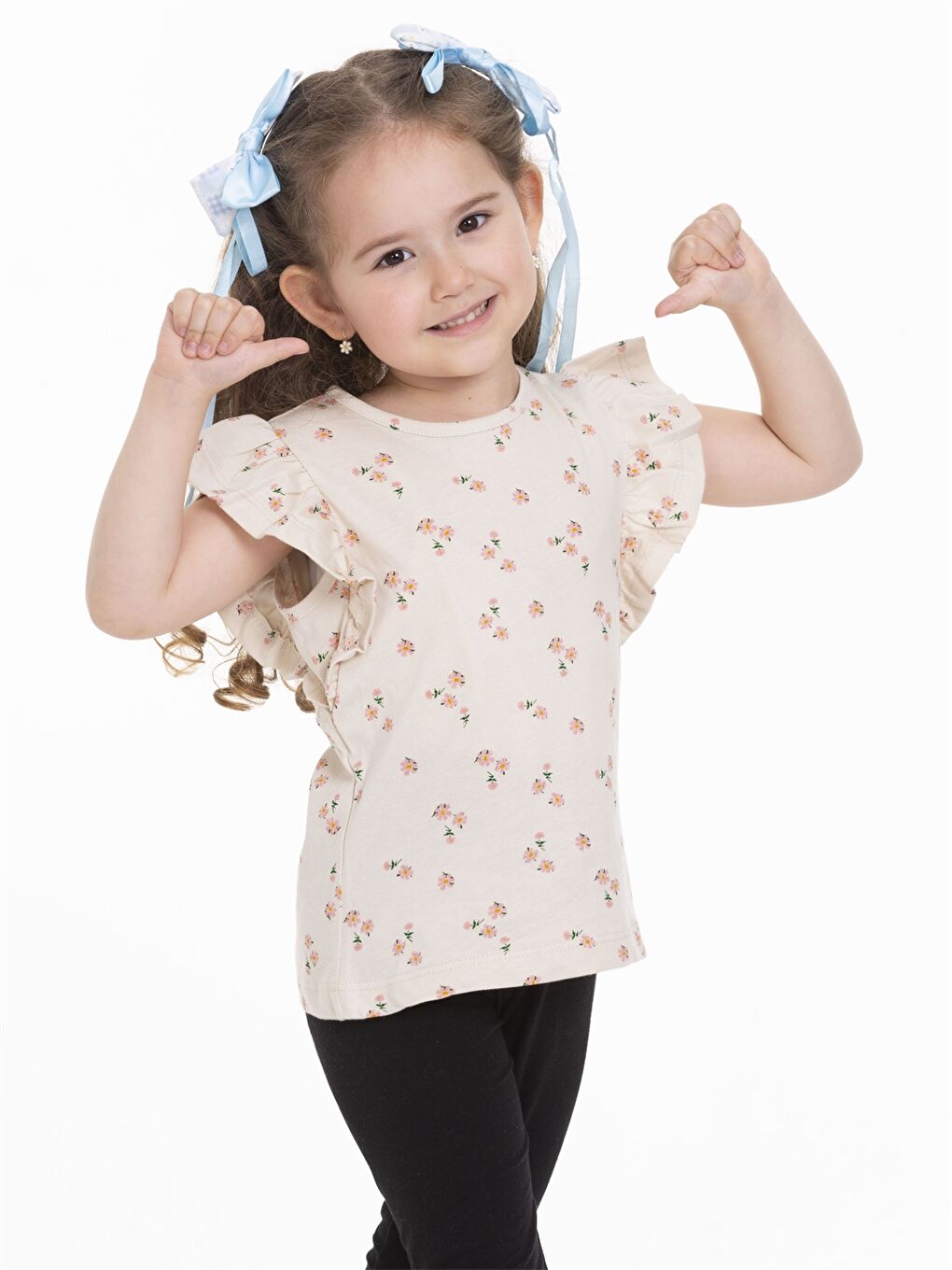 Bej Bisiklet Yaka Kısa Kollu Baskılı Kız Bebek Tişört