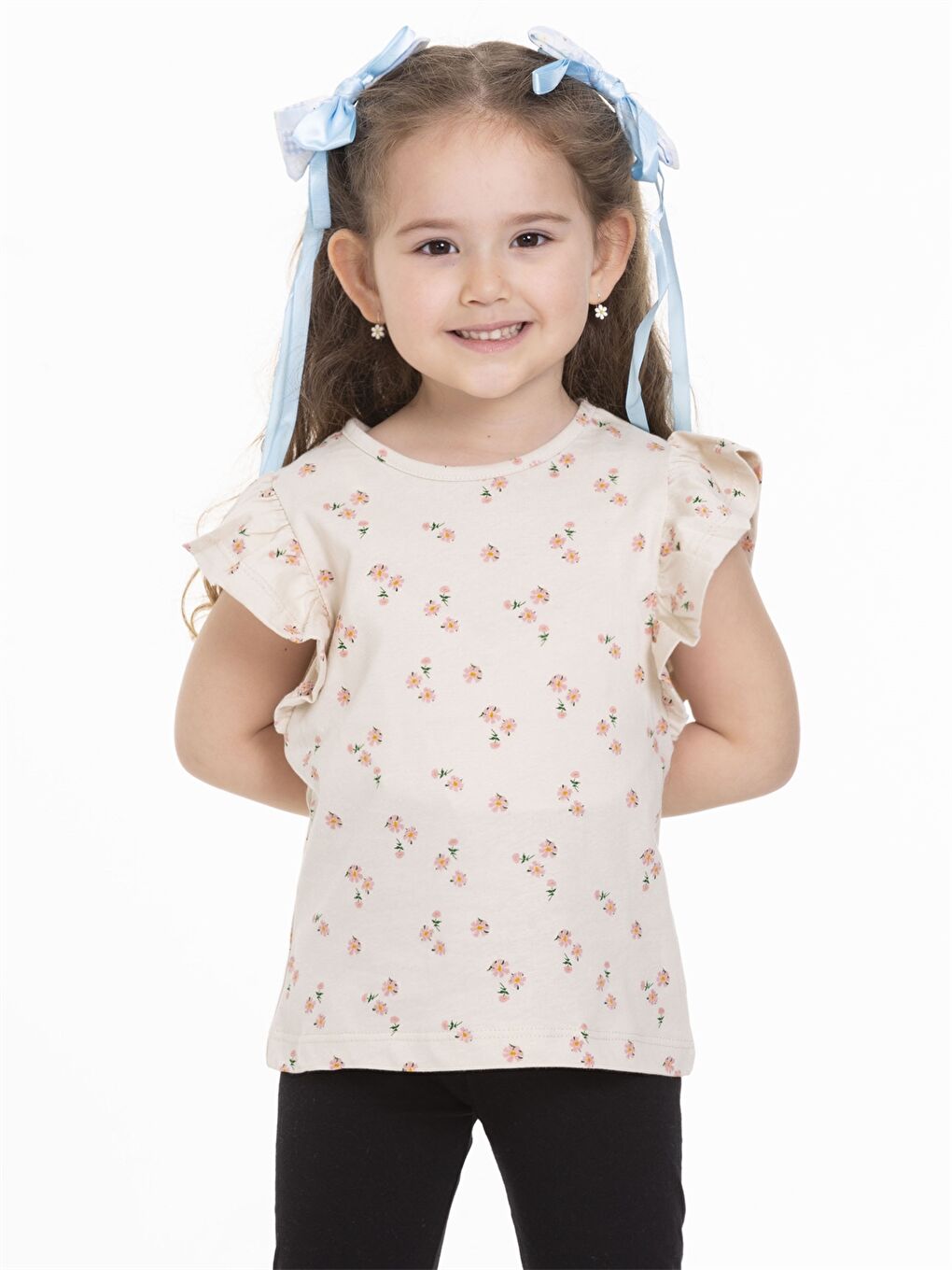 Bej Bisiklet Yaka Kısa Kollu Baskılı Kız Bebek Tişört-1