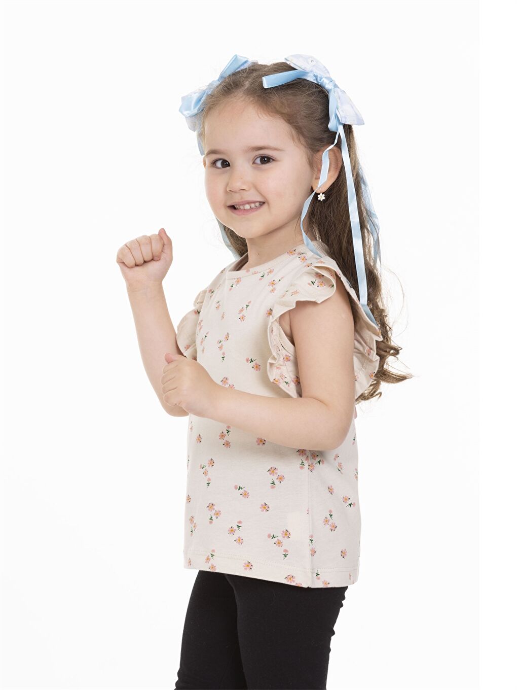 Bej Bisiklet Yaka Kısa Kollu Baskılı Kız Bebek Tişört-2