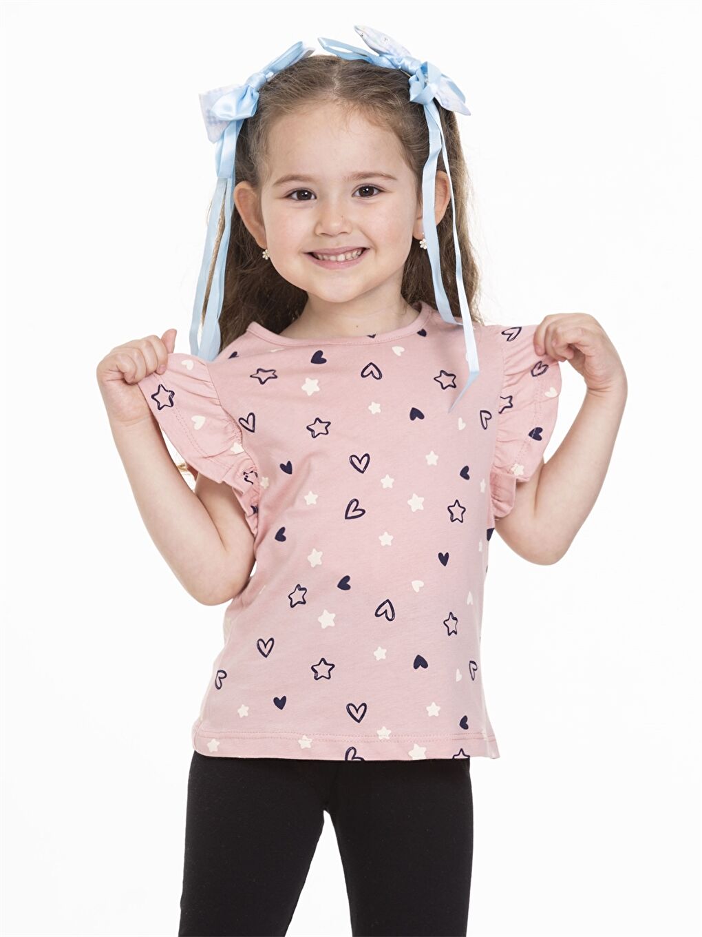 Pembe Bisiklet Yaka Desenli Kısa Kollu Kız Çocuk Tişört