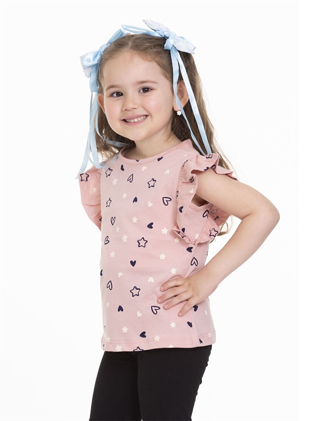 Pembe Bisiklet Yaka Desenli Kısa Kollu Kız Çocuk Tişört-1