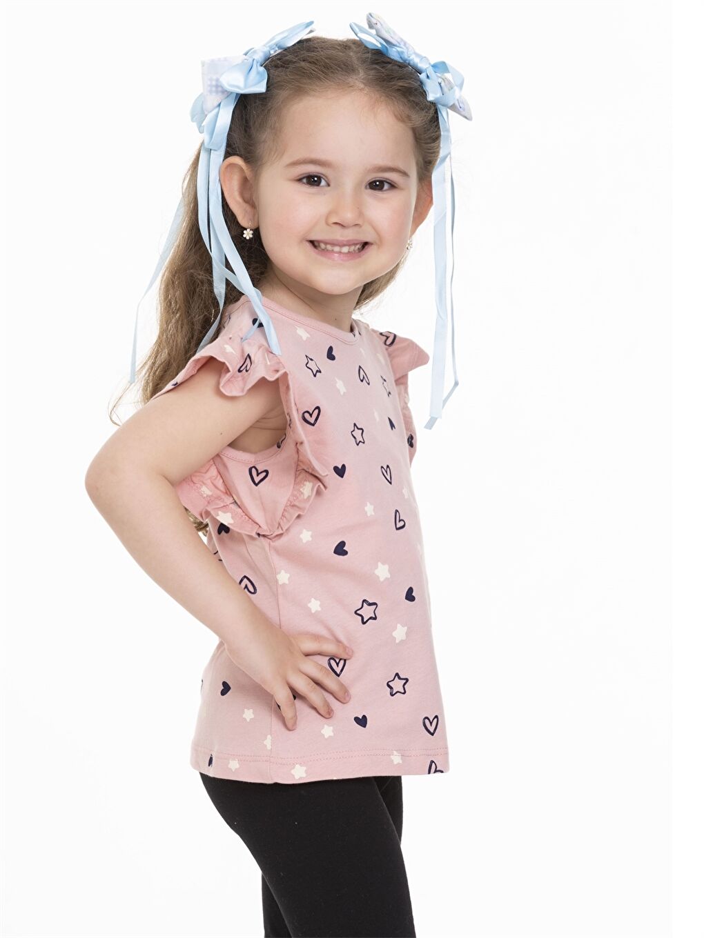 Pembe Bisiklet Yaka Desenli Kısa Kollu Kız Çocuk Tişört-2