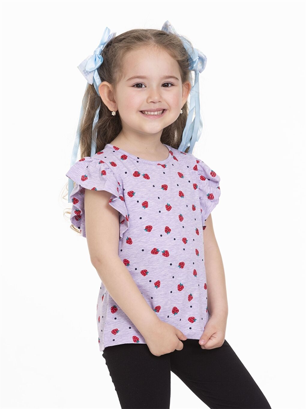 Lila Bisiklet Yaka Desenli Kısa Kollu Kız Çocuk Tişört-1