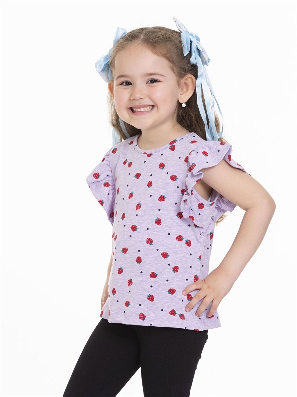 Lila Bisiklet Yaka Desenli Kısa Kollu Kız Çocuk Tişört-2