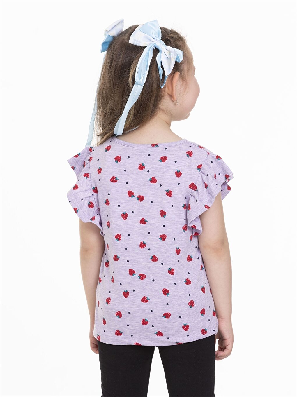 Lila Bisiklet Yaka Desenli Kısa Kollu Kız Çocuk Tişört-3