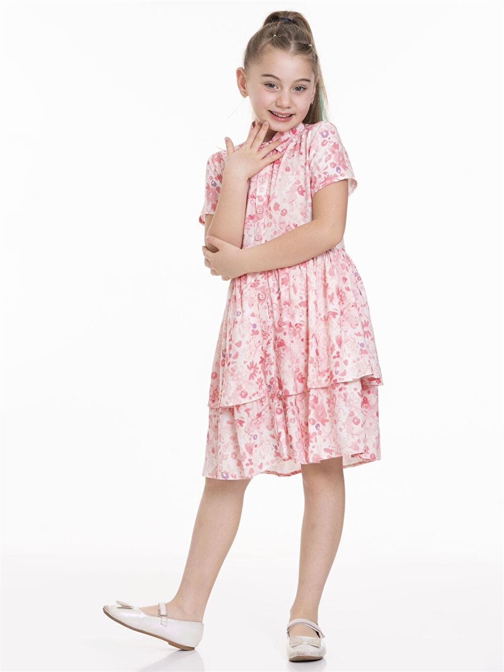 Pembe Desenli Kısa Kollu Kız Çocuk Elbise