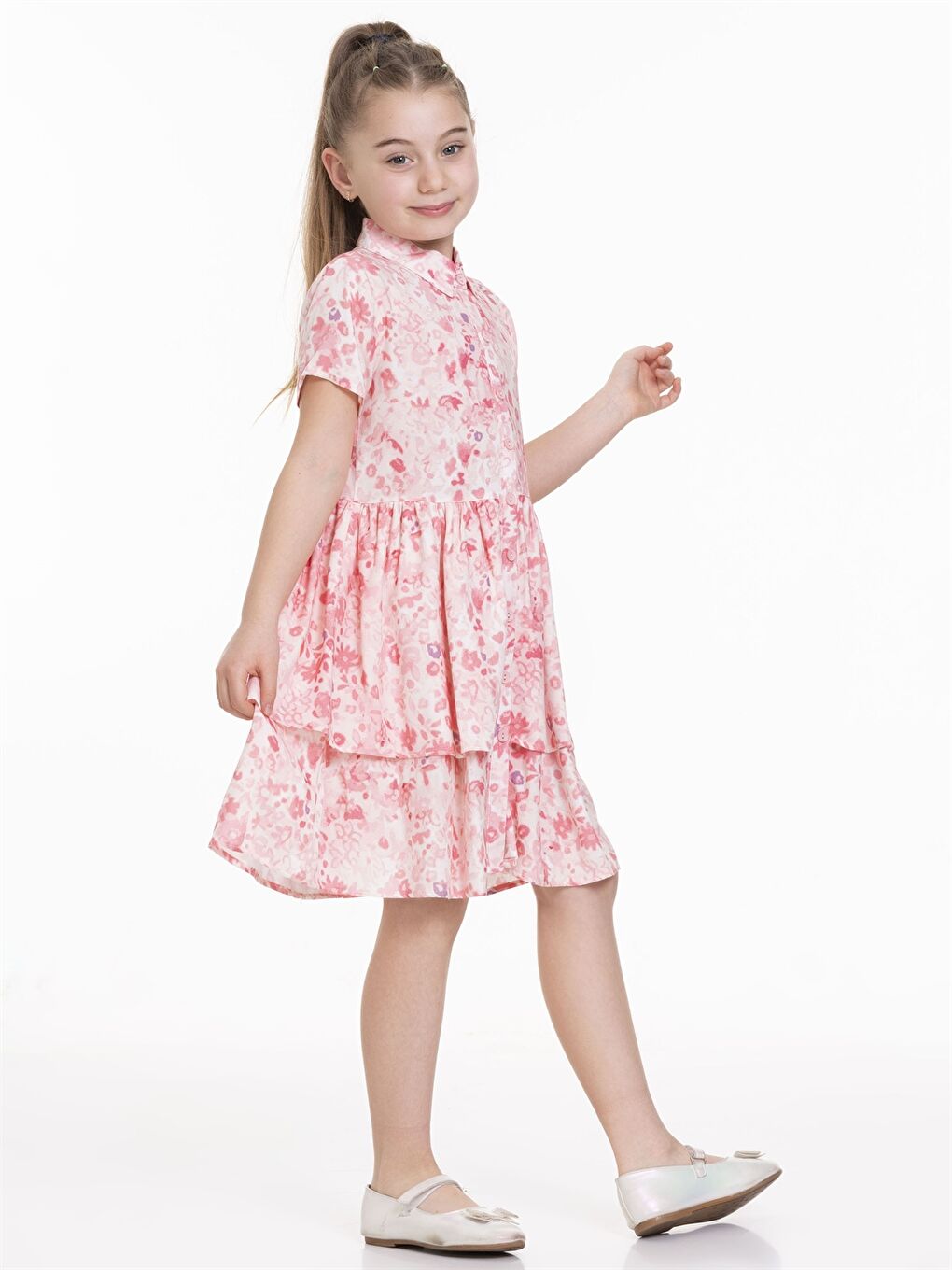 Pembe Desenli Kısa Kollu Kız Çocuk Elbise-1