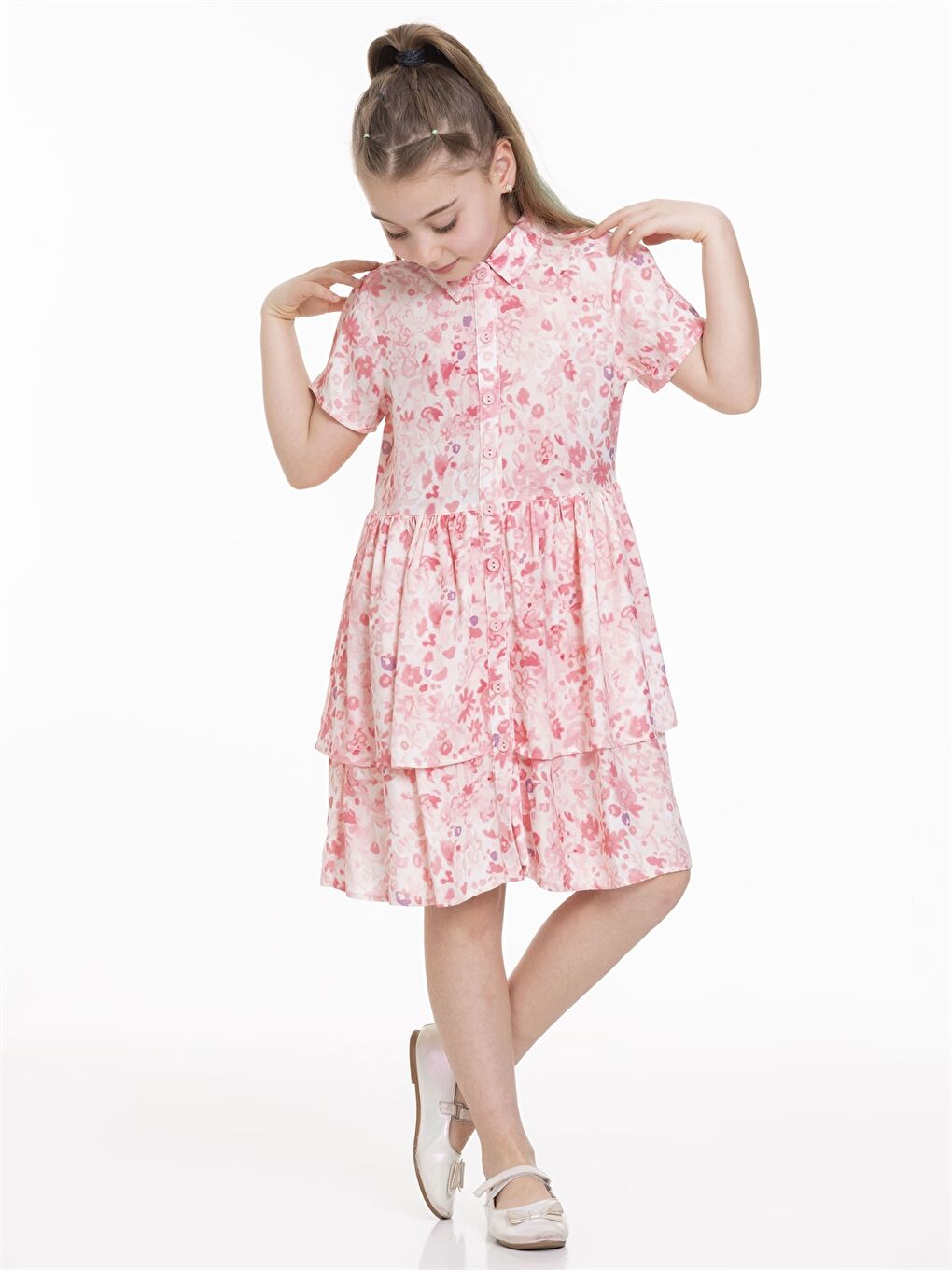 Pembe Desenli Kısa Kollu Kız Çocuk Elbise-2