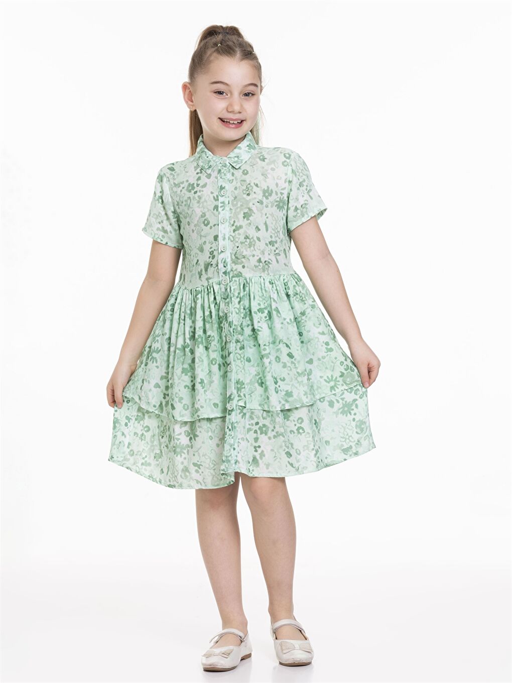 Yeşil Desenli Kısa Kollu Kız Çocuk Elbise