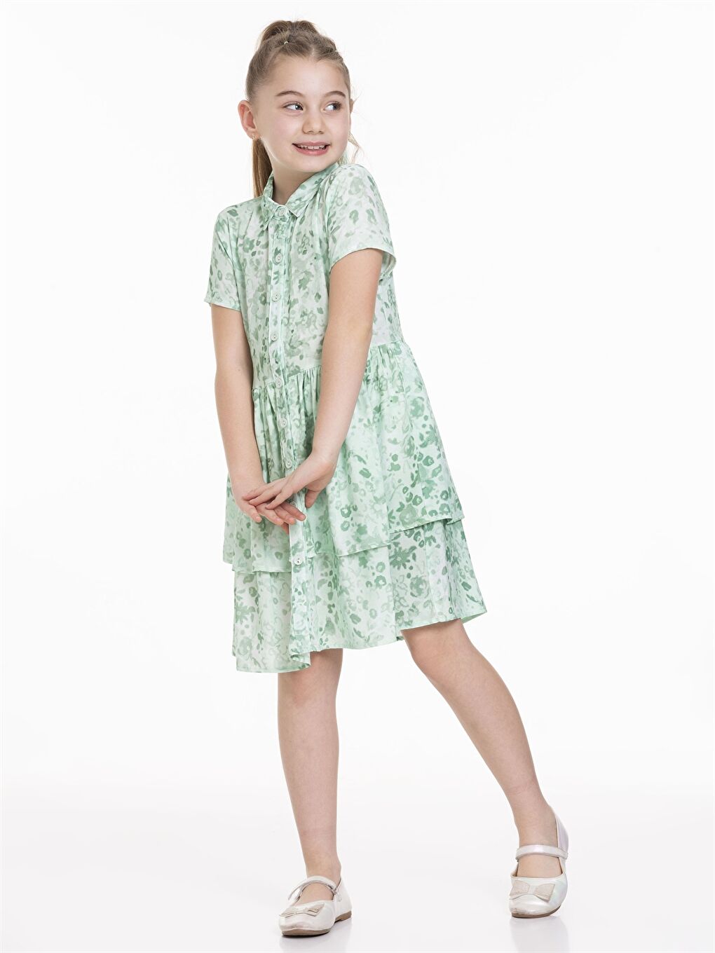 Yeşil Desenli Kısa Kollu Kız Çocuk Elbise-1