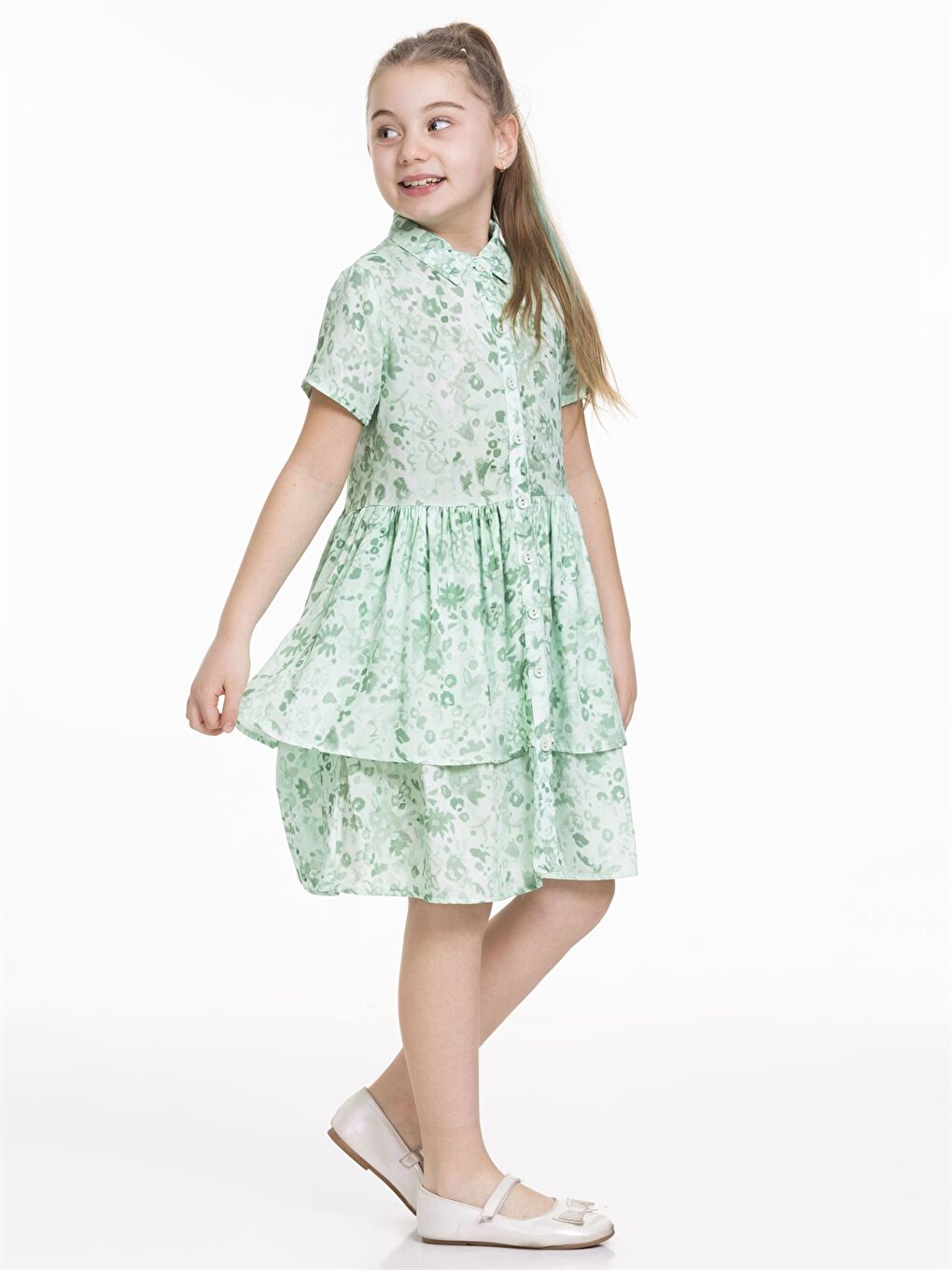 Yeşil Desenli Kısa Kollu Kız Çocuk Elbise-2