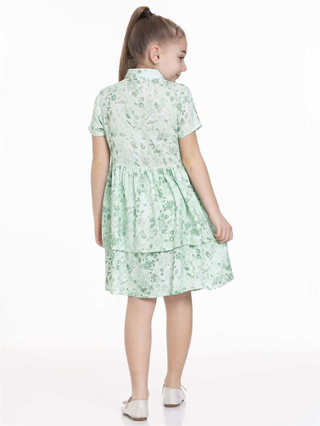 Yeşil Desenli Kısa Kollu Kız Çocuk Elbise-3