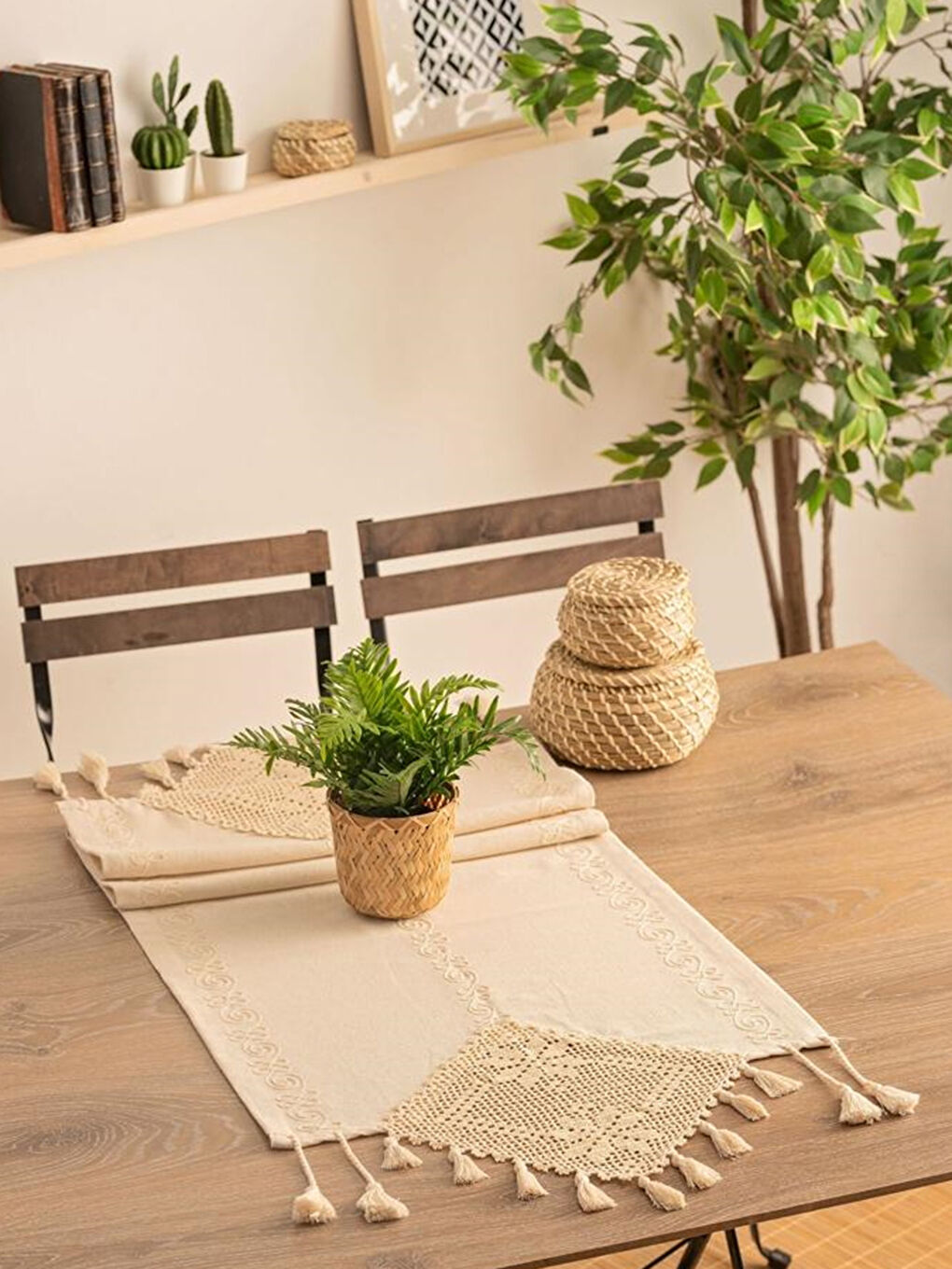 Ekru Püskül Detaylı Desenli Runner 45 x 135 cm