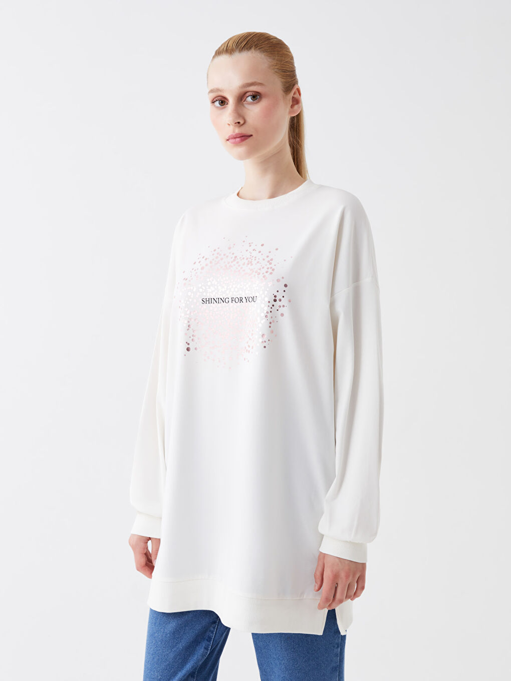 Ekru Bisiklet Yaka Baskılı Uzun Kollu Oversize Kadın Sweatshirt Tunik