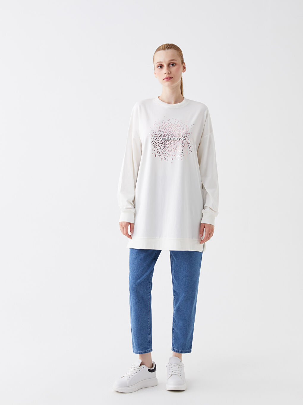 Ekru Bisiklet Yaka Baskılı Uzun Kollu Oversize Kadın Sweatshirt Tunik-2