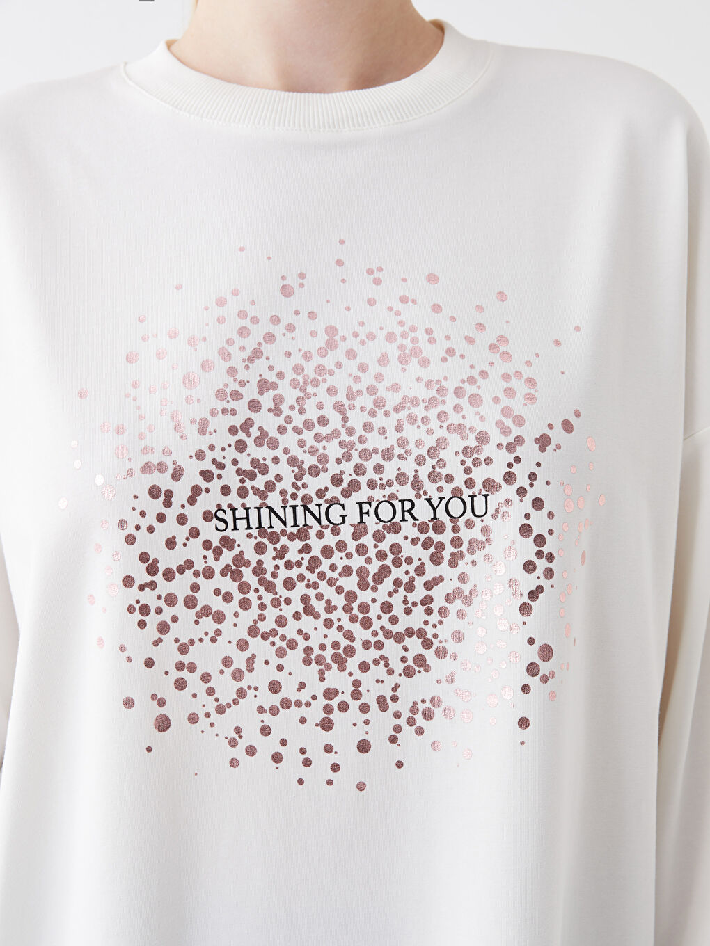 Ekru Bisiklet Yaka Baskılı Uzun Kollu Oversize Kadın Sweatshirt Tunik-3