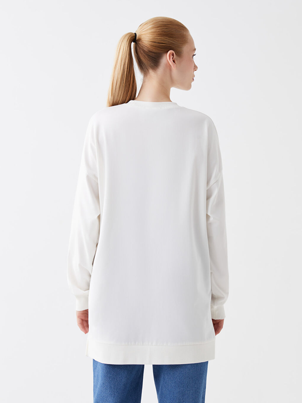 Ekru Bisiklet Yaka Baskılı Uzun Kollu Oversize Kadın Sweatshirt Tunik-4