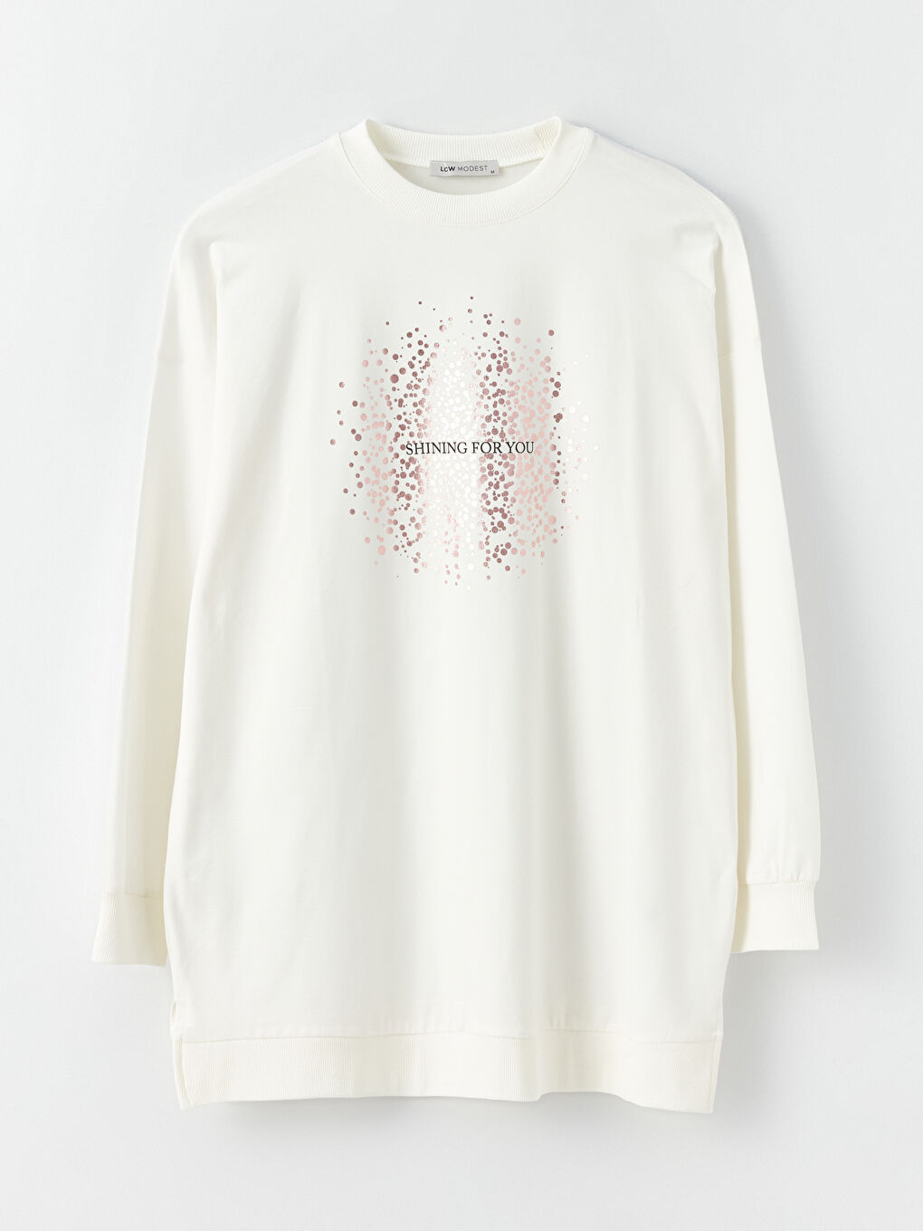 Ekru Bisiklet Yaka Baskılı Uzun Kollu Oversize Kadın Sweatshirt Tunik-5