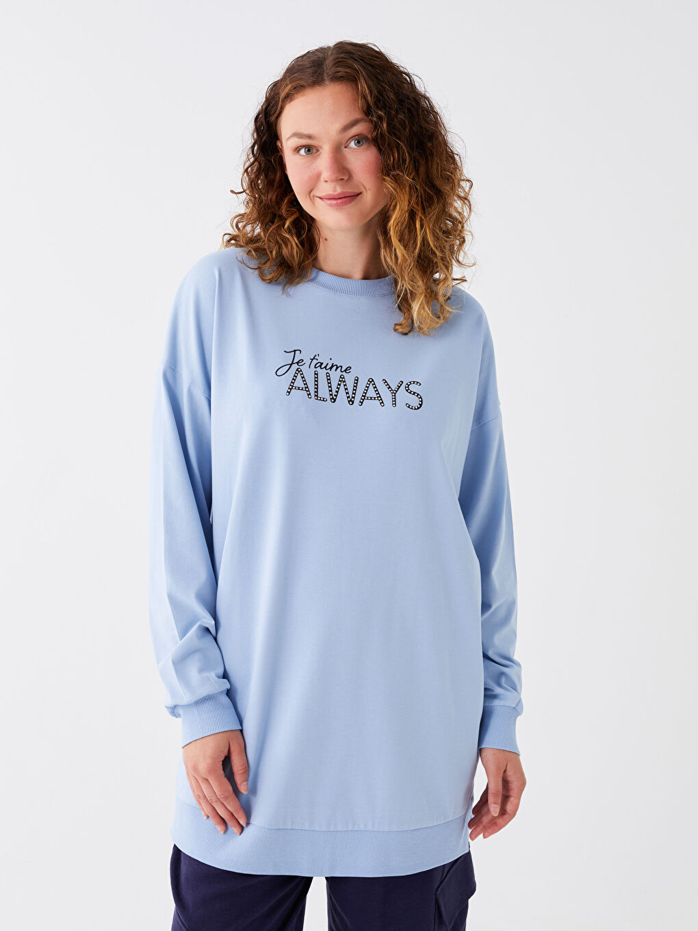 Mavi Bisiklet Yaka Baskılı Uzun Kollu Oversize Kadın Sweatshirt Tunik