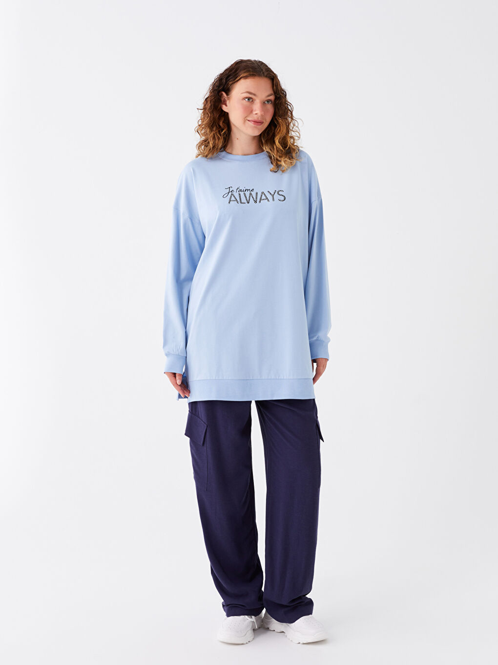 Mavi Bisiklet Yaka Baskılı Uzun Kollu Oversize Kadın Sweatshirt Tunik-1