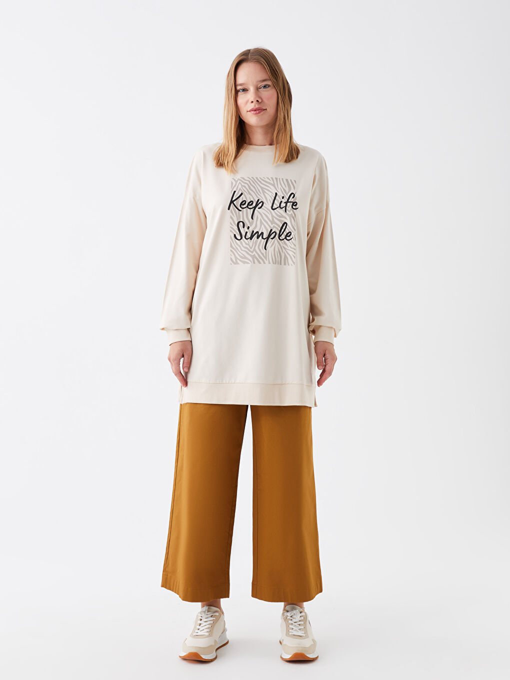 Bej Bisiklet Yaka Baskılı Uzun Kollu Oversize Kadın Sweatshirt Tunik-2