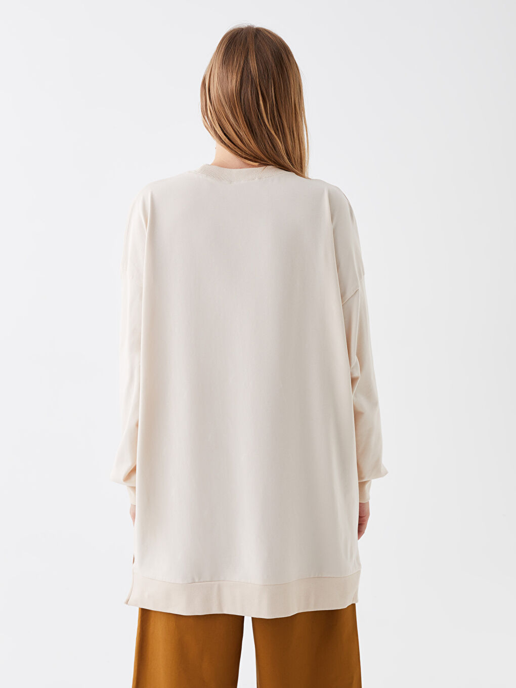 Bej Bisiklet Yaka Baskılı Uzun Kollu Oversize Kadın Sweatshirt Tunik-4