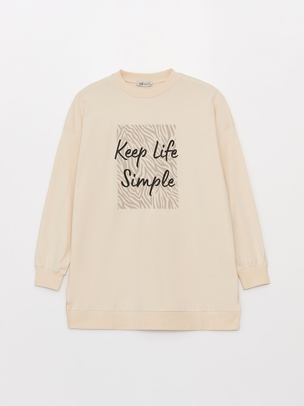 Bej Bisiklet Yaka Baskılı Uzun Kollu Oversize Kadın Sweatshirt Tunik-5