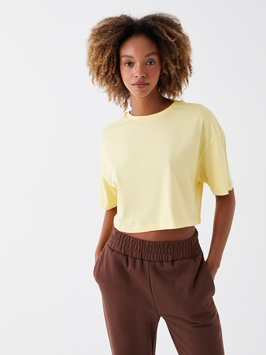 Κροπ Τοπ Στρογγυλή Λαιμόκοψη Απλό Κοντό Μανίκι Υπερμεγέθης Για Γυναίκες-1