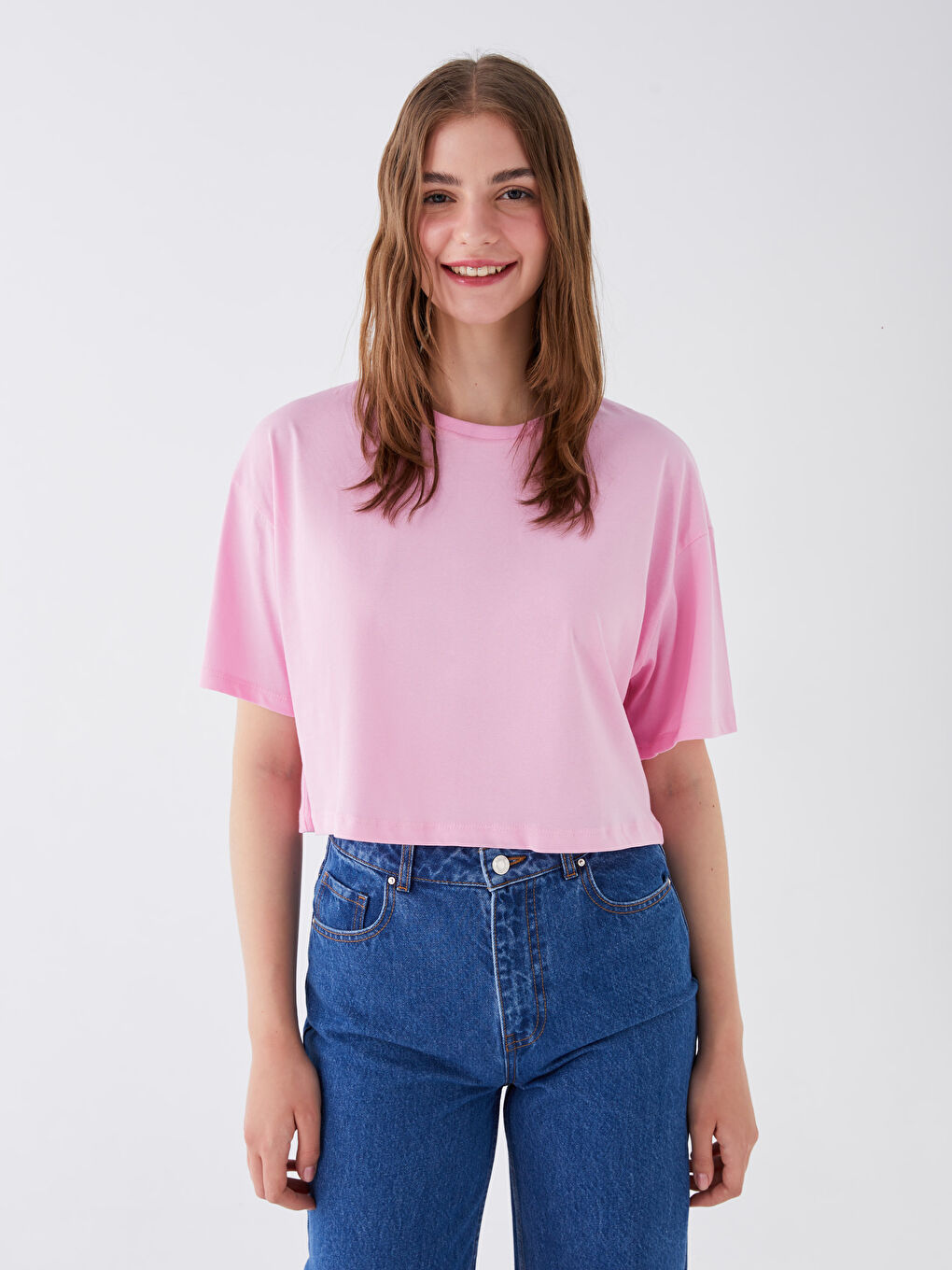 Haut Court Oversize à Manches Courtes Uni pour Femmes Col Rond