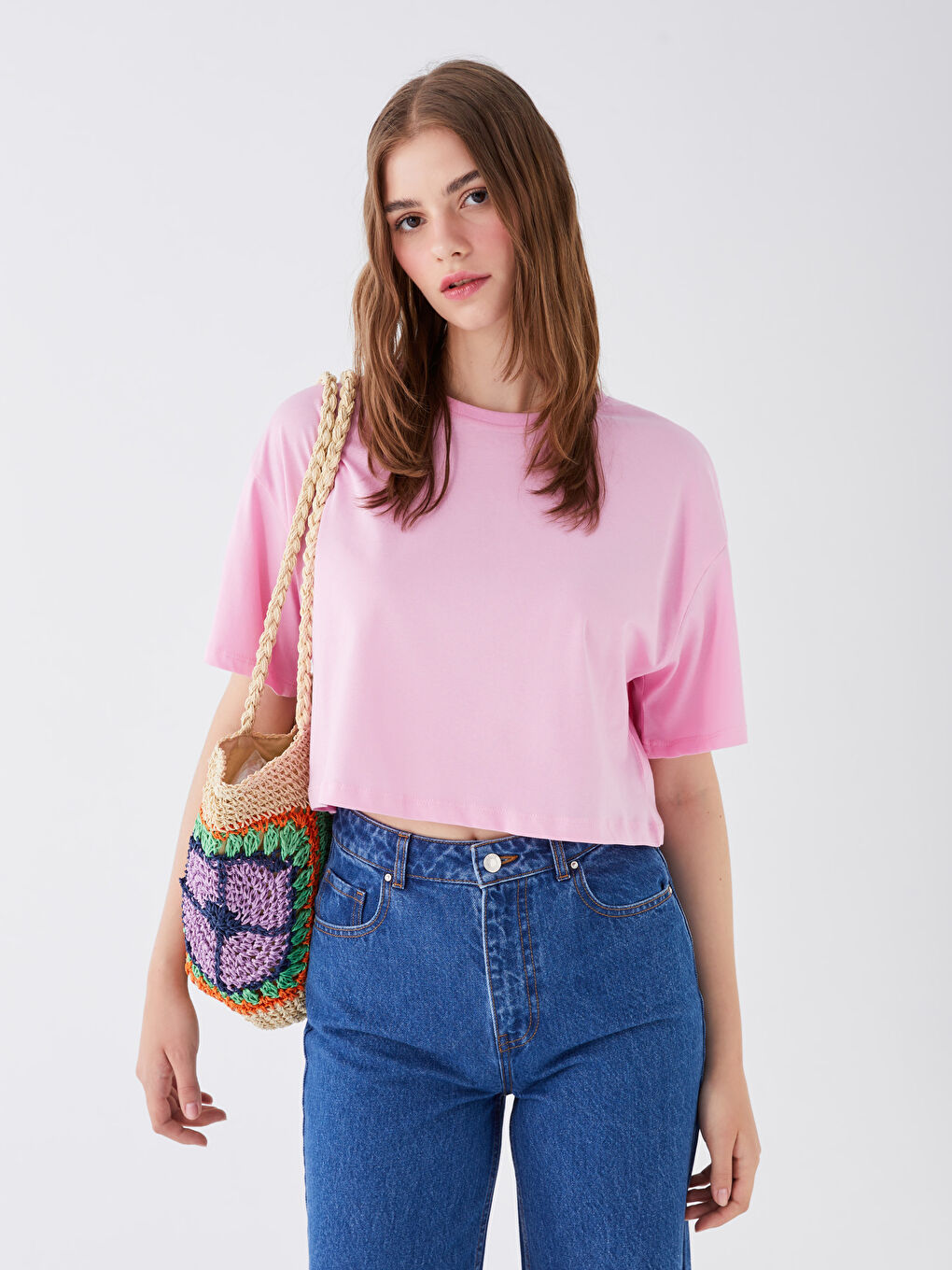 Haut Court Oversize à Manches Courtes Uni pour Femmes Col Rond-1