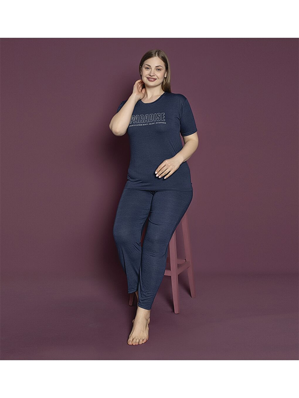 Lacivert Bisiklet Yaka Kadın Pijama Takım