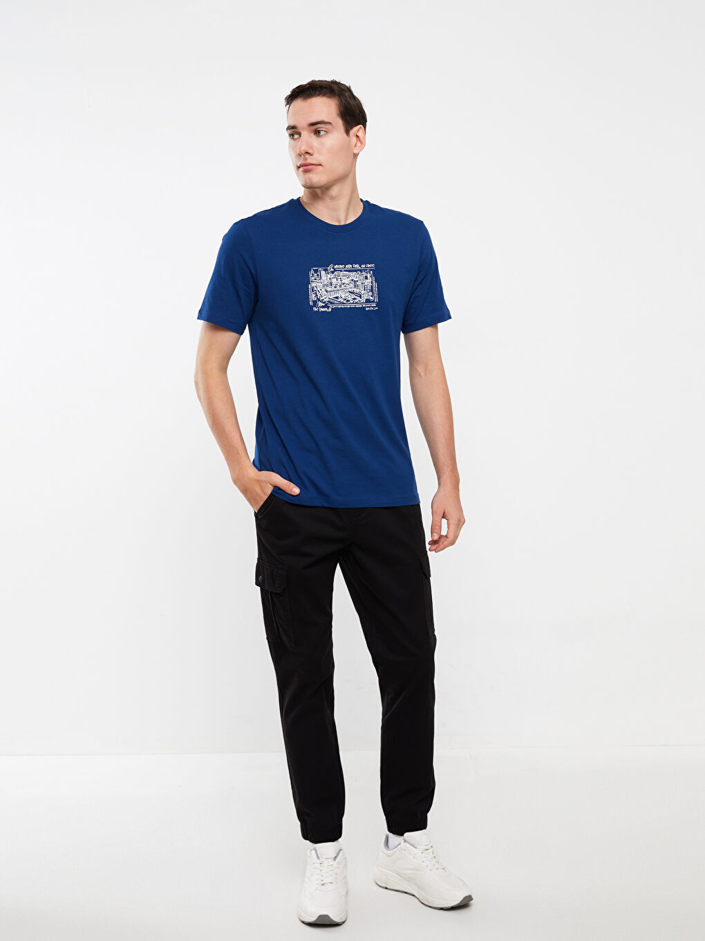 Lacivert Bisiklet Yaka Kısa Kollu Baskılı Penye Erkek Tişört-1