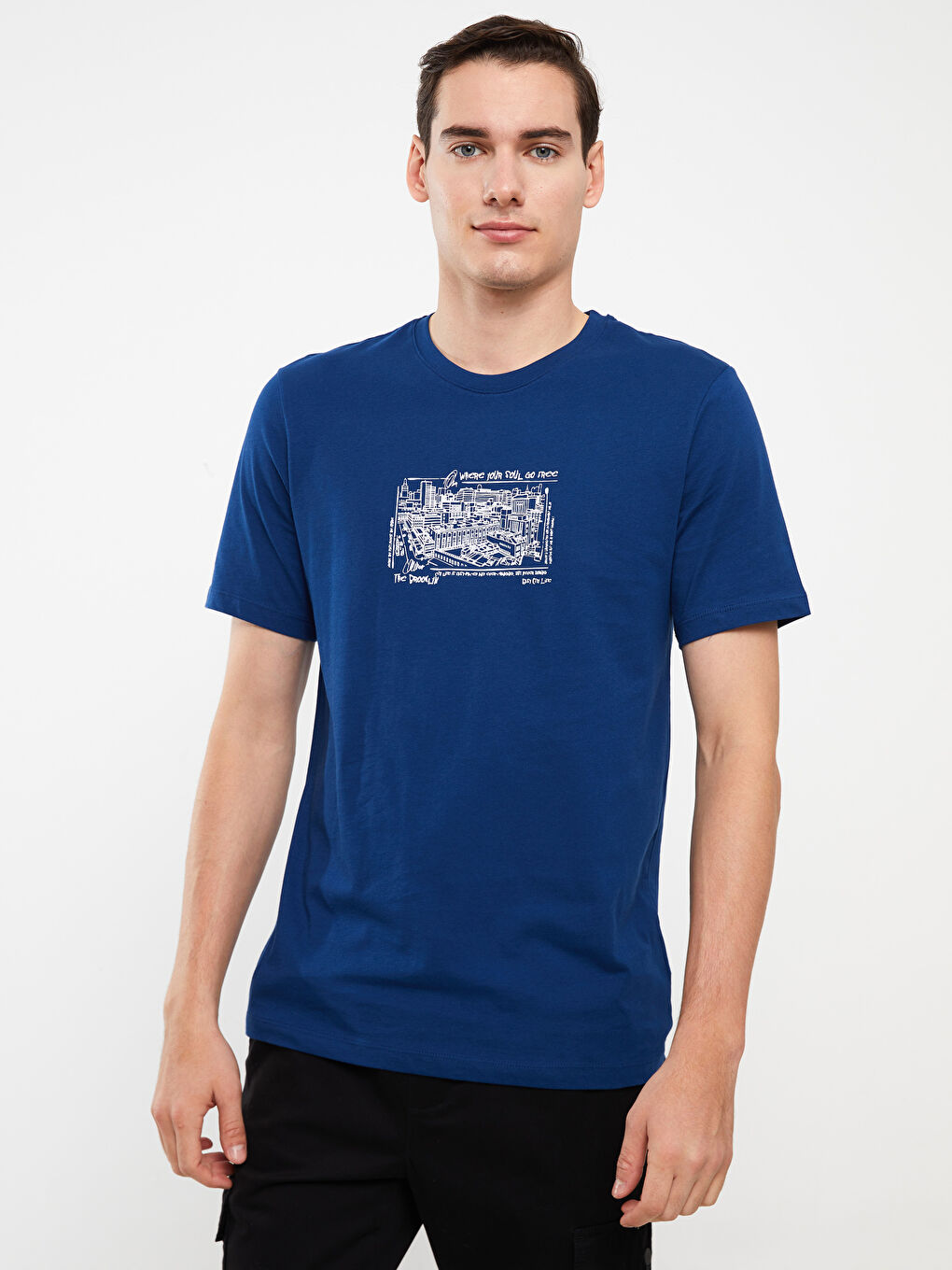 Lacivert Bisiklet Yaka Kısa Kollu Baskılı Penye Erkek Tişört-2