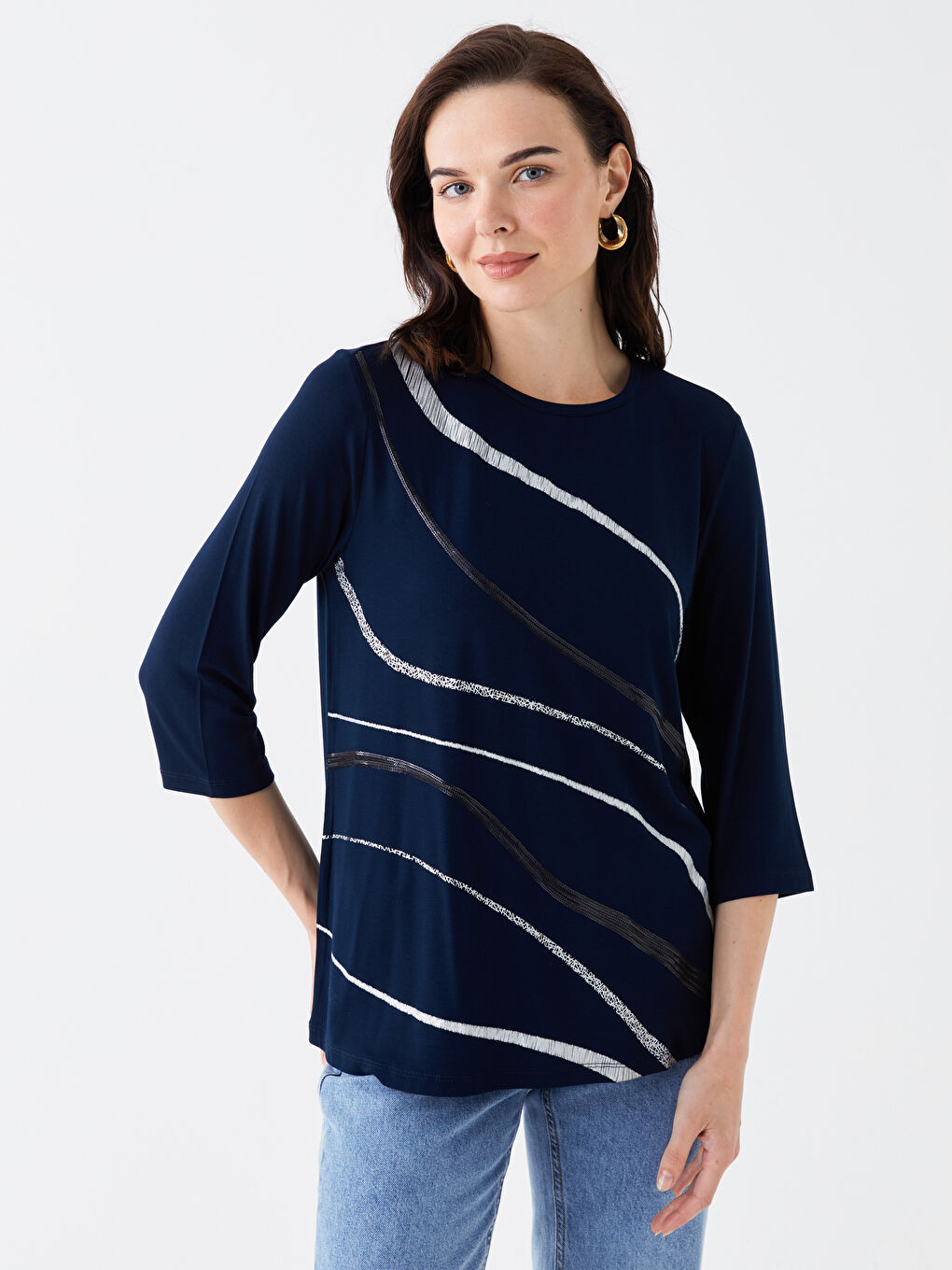 Crew Neck Printed Long Sleeve Women's Blouse