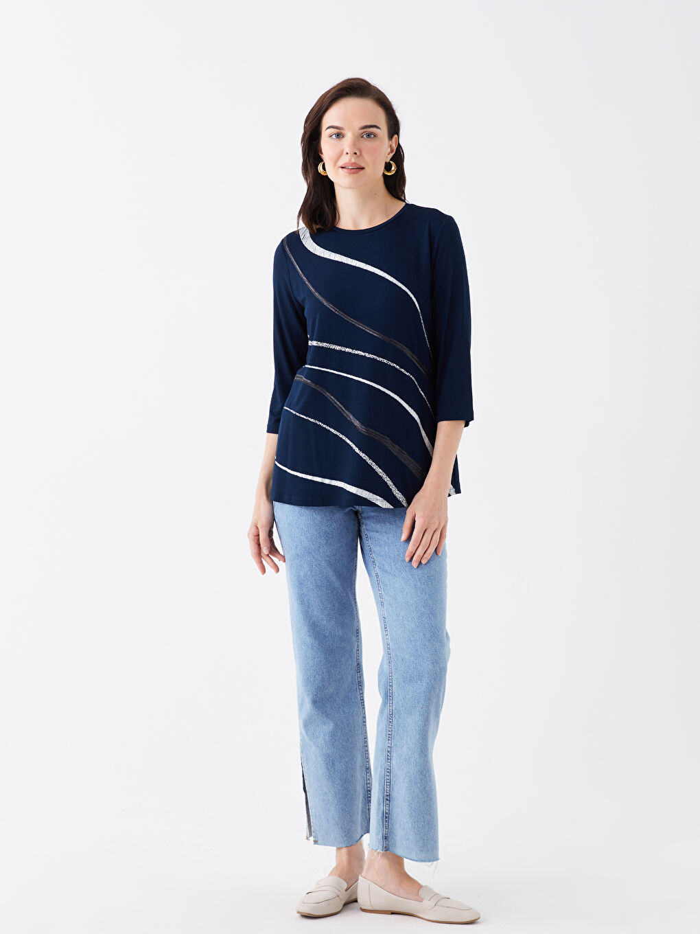 Crew Neck Printed Long Sleeve Women's Blouse-1