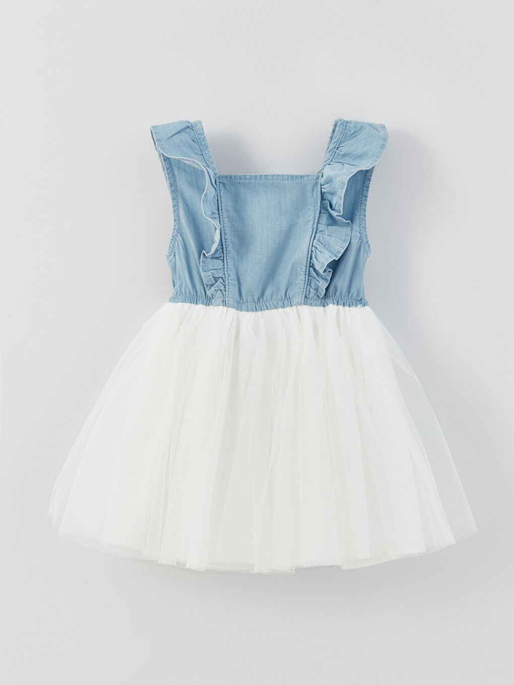 فستان دينيم بياقة مربعة للبنات الرضع-1