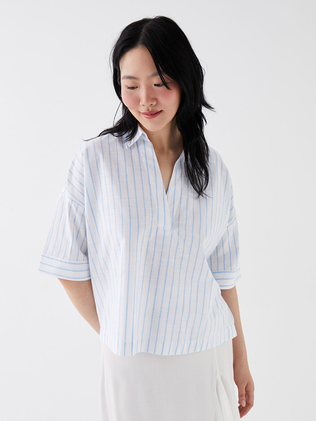 Mavi Gömlek Yaka Çizgili Kısa Kollu Oversize Kadın Bluz