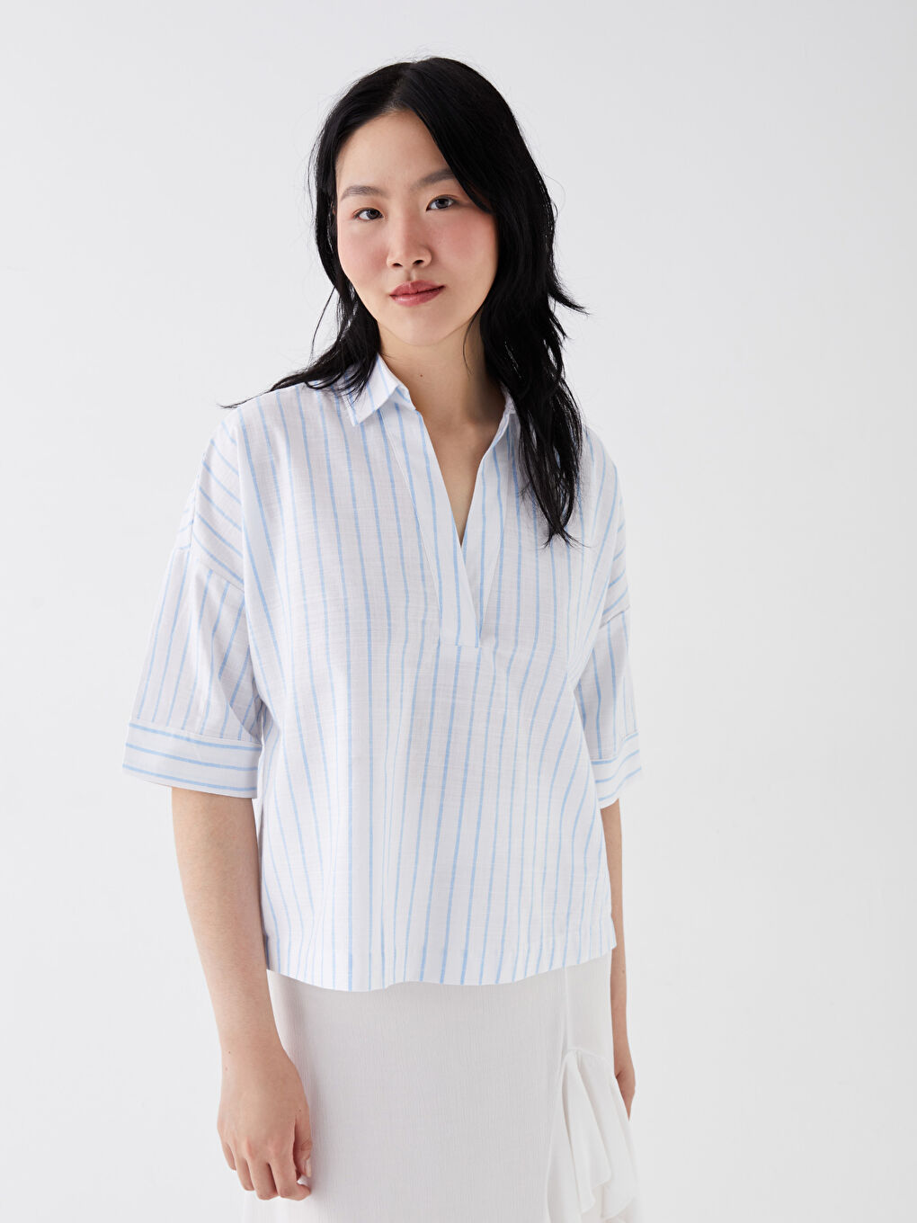 Mavi Gömlek Yaka Çizgili Kısa Kollu Oversize Kadın Bluz-1