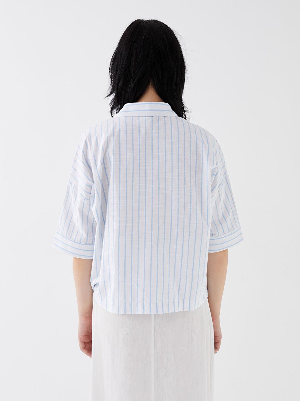 Mavi Gömlek Yaka Çizgili Kısa Kollu Oversize Kadın Bluz-4